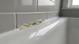 Joint silicone moisi superposé sur un ancien joint dans une baignoire.
