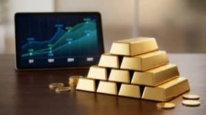 Lingots d'or empilés en pyramide sur une table devant une tablette affichant une courbe de croissance financière.