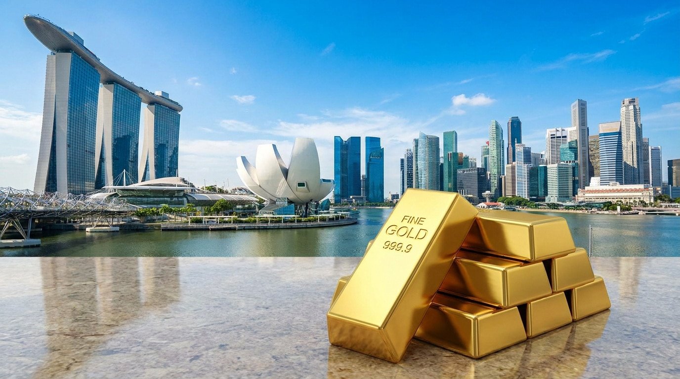 Lingots d'or empilés sur une surface en marbre avec en arrière-plan la skyline moderne de Singapour sous un ciel bleu.