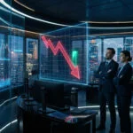 Deux analystes financiers observent un graphique boursier en baisse projeté sur un écran en verre dans un bureau moderne.