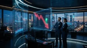 Deux analystes financiers observent un graphique boursier en baisse projeté sur un écran en verre dans un bureau moderne.