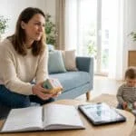 Une mère assise sur un canapé avec son enfant, tenant un jouet avec un agenda et une tablette devant elle.