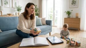 Une mère assise sur un canapé avec son enfant, tenant un jouet avec un agenda et une tablette devant elle.