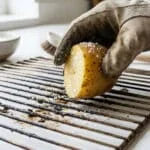 Une main gantée frotte une grille de four sale avec une demi-pomme de terre recouverte de gros sel.