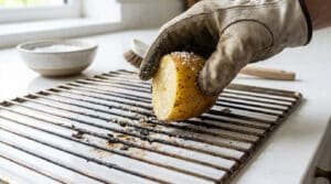 Une main gantée frotte une grille de four sale avec une demi-pomme de terre recouverte de gros sel.