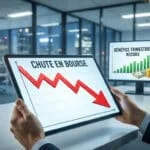 Un analyste regarde une tablette affichant une courbe de chute boursière avec un graphique de bénéfices en arrière-plan.