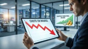 Un analyste regarde une tablette affichant une courbe de chute boursière avec un graphique de bénéfices en arrière-plan.