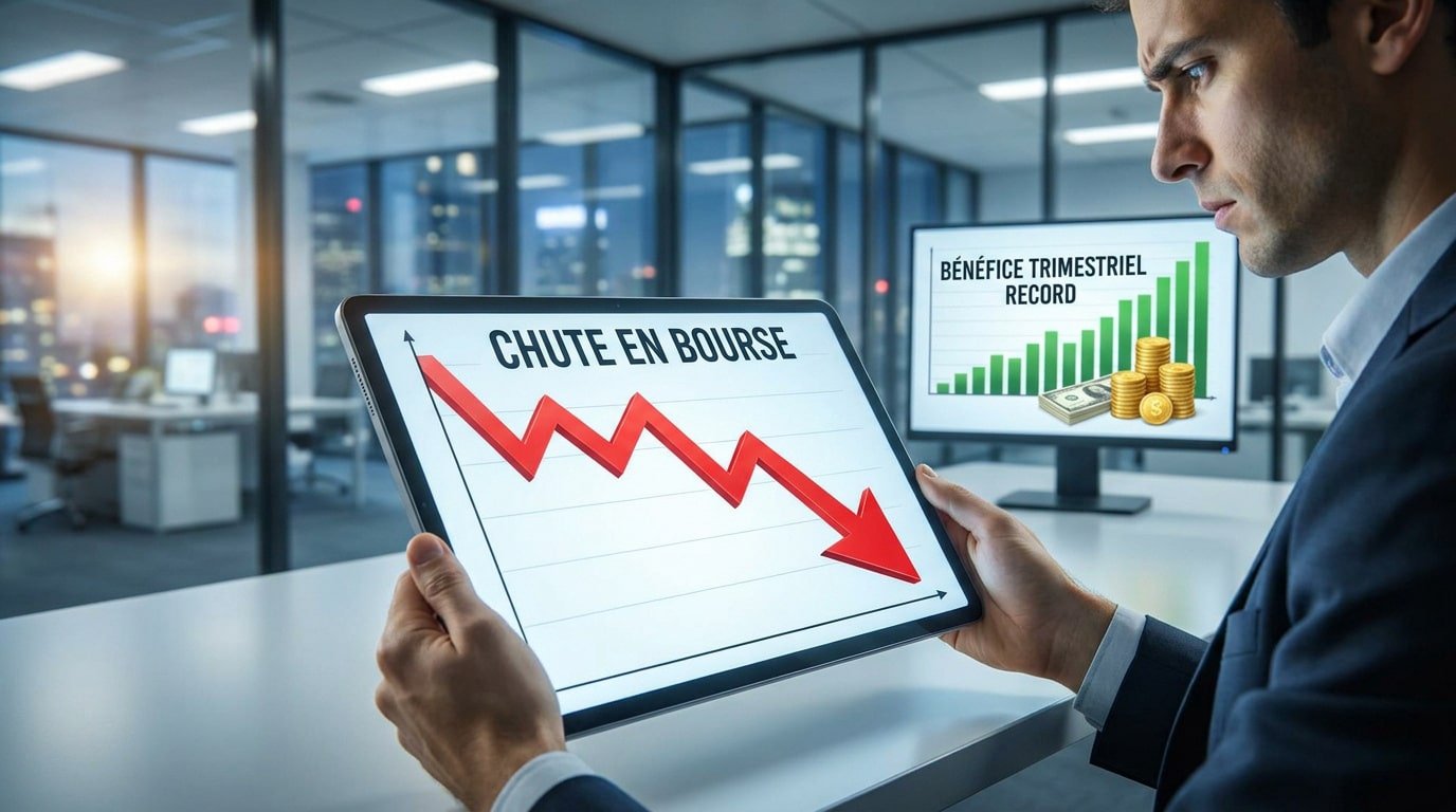Un analyste regarde une tablette affichant une courbe de chute boursière avec un graphique de bénéfices en arrière-plan.