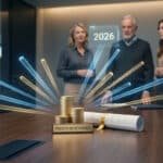Trois personnes observent une projection holographique au-dessus de piles de pièces sur une table de conférence.