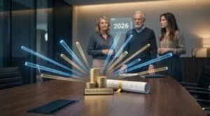 Trois personnes observent une projection holographique au-dessus de piles de pièces sur une table de conférence.