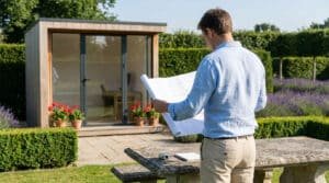 Un homme examine des plans devant un studio de jardin moderne dans un jardin paysager.