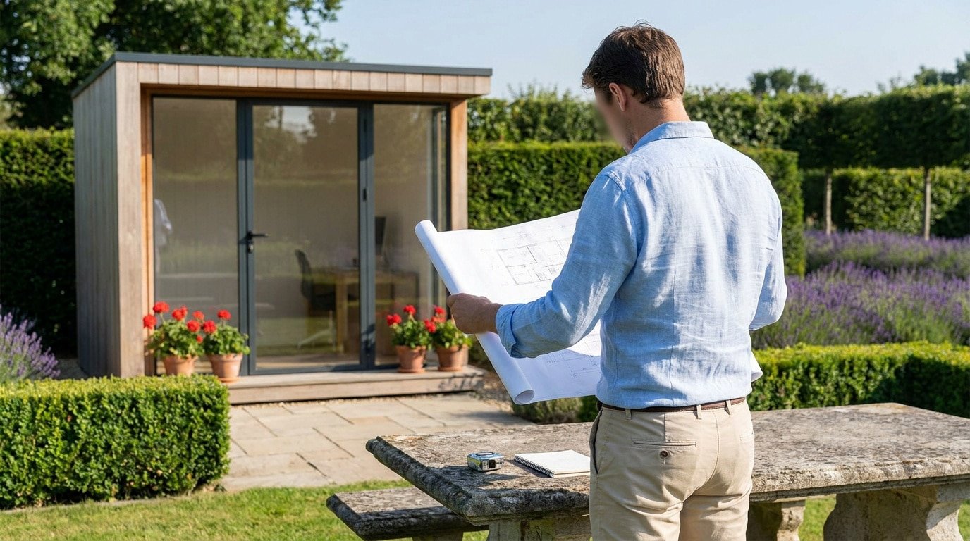 Un homme examine des plans devant un studio de jardin moderne dans un jardin paysager.