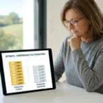 Une femme devant une tablette affichant un graphique comparant les trimestres de retraite cotisés et assimilés.