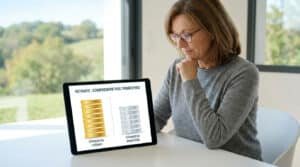 Une femme devant une tablette affichant un graphique comparant les trimestres de retraite cotisés et assimilés.