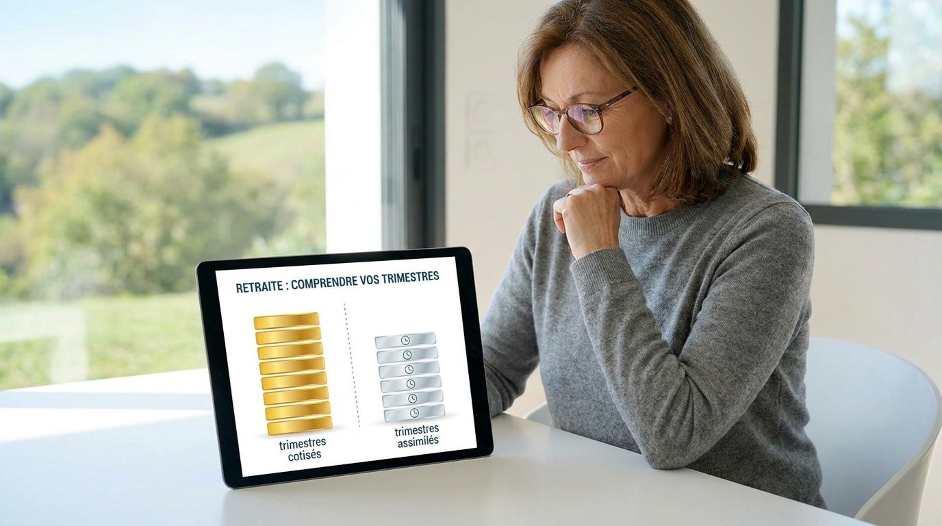 Une femme devant une tablette affichant un graphique comparant les trimestres de retraite cotisés et assimilés.