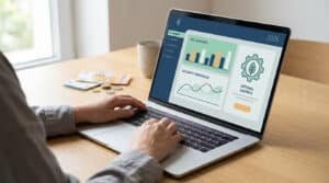 Une personne utilisant un ordinateur portable affichant un tableau de bord financier avec des graphiques d'épargne.