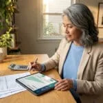 Une femme mature consulte ses options de retraite sur une tablette numérique avec des documents financiers.