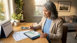 Une femme mature consulte ses options de retraite sur une tablette numérique avec des documents financiers.