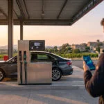 Un automobiliste consulte son smartphone devant une pompe à essence avec une voiture en arrière-plan au coucher du soleil.