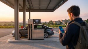 Un automobiliste consulte son smartphone devant une pompe à essence avec une voiture en arrière-plan au coucher du soleil.