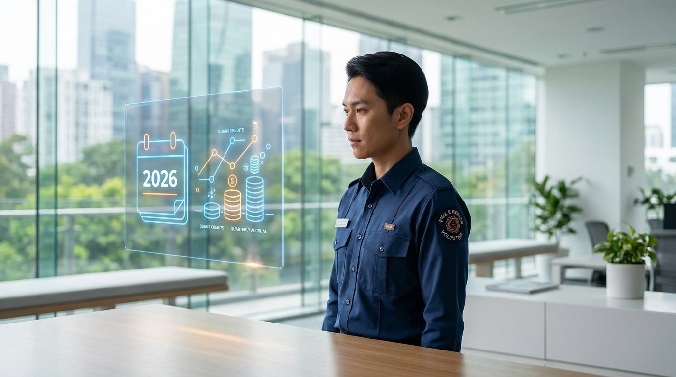 Un pompier volontaire regarde une interface holographique affichant des données sur les trimestres de retraite pour 2026.