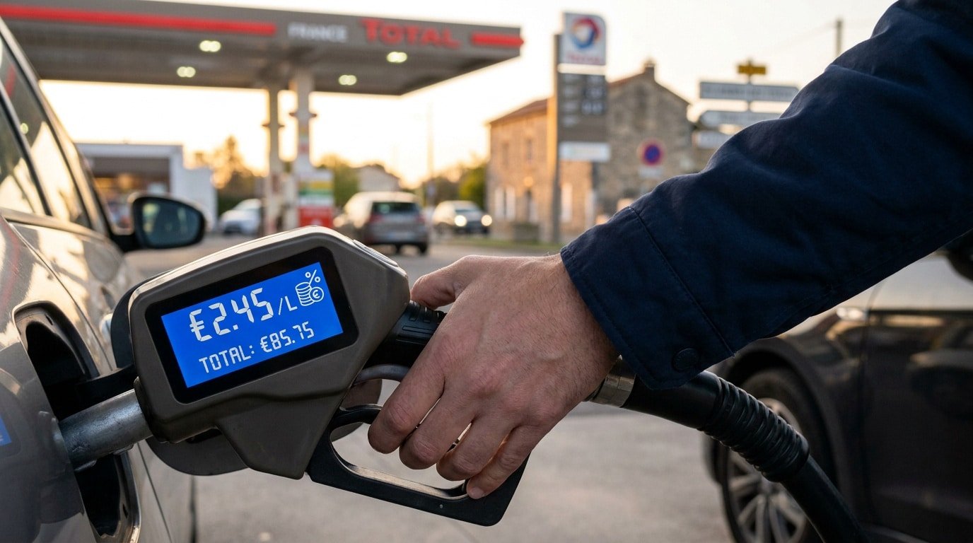Une main tenant un pistolet de pompe à essence avec un écran numérique affichant un prix élevé de 2,45 € par litre.
