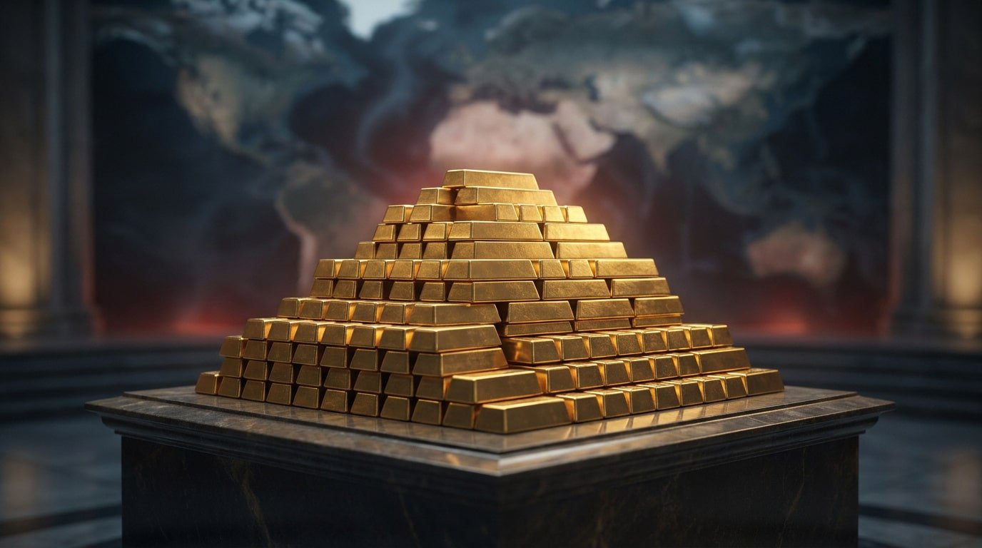 Une pyramide de lingots d'or brillant posée sur un socle devant une carte du monde floue.