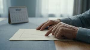 Mains d'une personne âgée pointant un graphique en baisse devant un calendrier 2027.