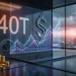 Graphique boursier fissuré affichant 40T devant des lingots d'or et un logo Bitcoin dans un bureau financier.