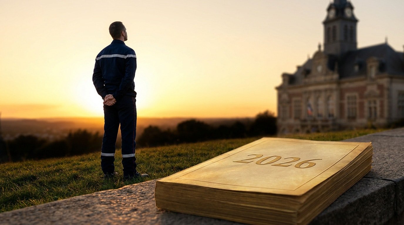 Un pompier regarde le soleil couchant près d'un livre doré marqué "2026" devant une mairie française.