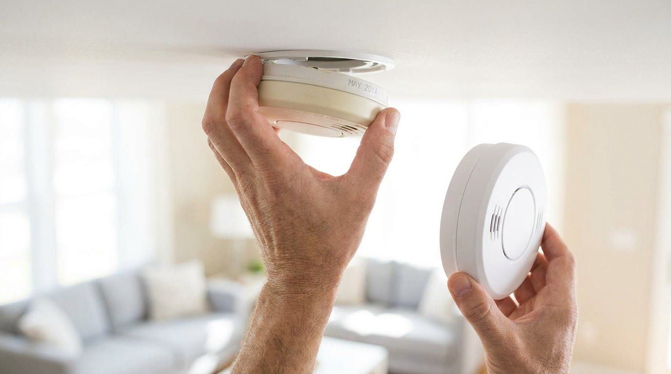 Une personne retire un vieux détecteur de fumée du plafond pour en installer un nouveau.