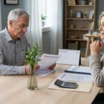 Couple mature examinant des documents financiers et un relevé de retraite à une table.