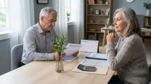 Couple mature examinant des documents financiers et un relevé de retraite à une table.