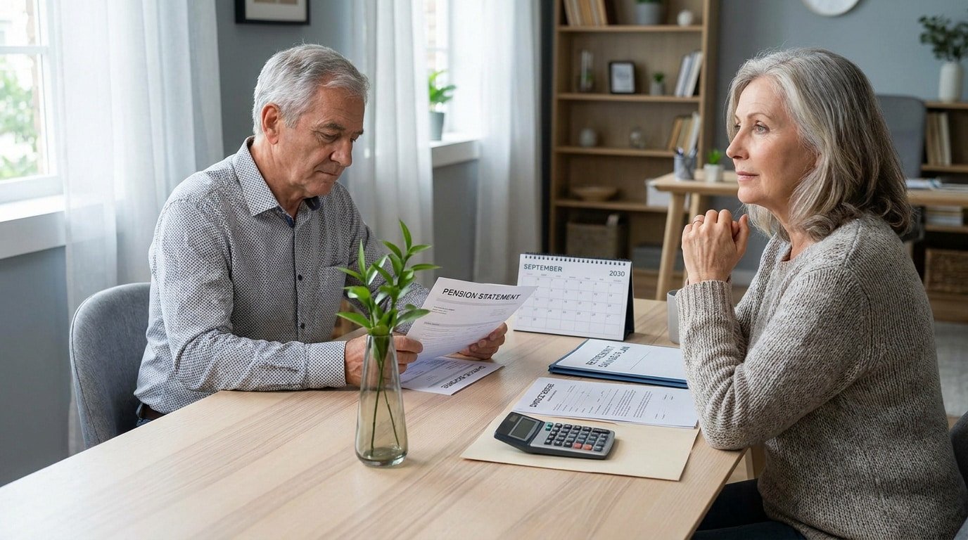 Couple mature examinant des documents financiers et un relevé de retraite à une table.