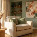 Un fauteuil beige devant un mur vert sauge avec une peinture abstraite aux tons terracotta et des étagères en bois.
