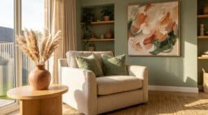 Un fauteuil beige devant un mur vert sauge avec une peinture abstraite aux tons terracotta et des étagères en bois.