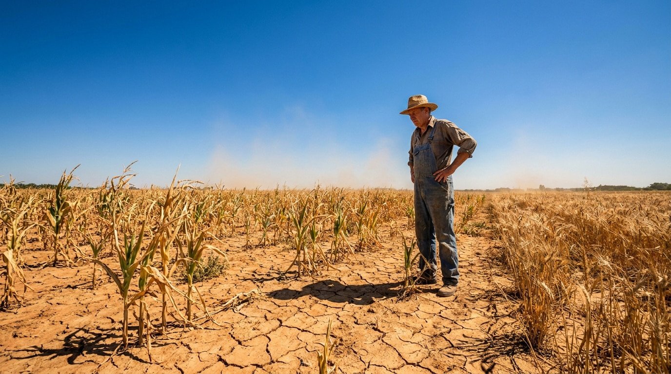 Un agriculteur en salopette et chapeau contemple son champ de maïs et de blé asséché sous un ciel bleu intense.