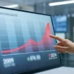Une main pointe un graphique rouge sur un écran montrant une forte hausse des taux d'emprunt entre 2009 et 2024.