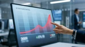 Une main pointe un graphique rouge sur un écran montrant une forte hausse des taux d'emprunt entre 2009 et 2024.
