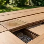 Gros plan sur une terrasse en composite présentant des taches d'humidité et des zones de rétention d'eau sous les lames.