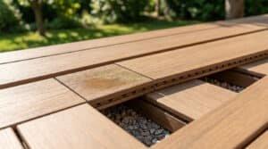 Gros plan sur une terrasse en composite présentant des taches d'humidité et des zones de rétention d'eau sous les lames.