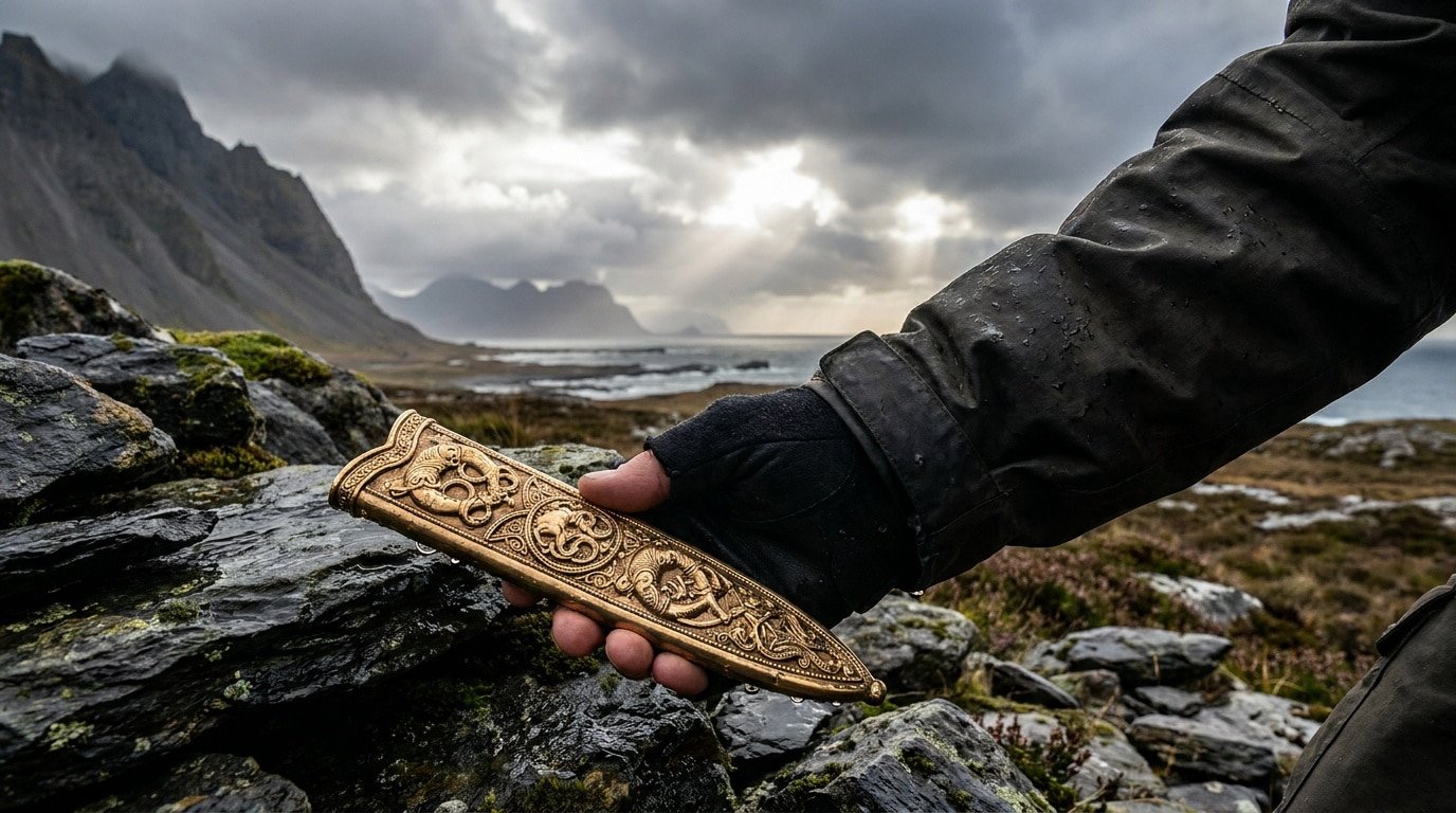 Une main gantée tient un ornement en or finement ciselé avec des motifs anciens dans un paysage montagneux norvégien.