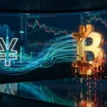Symboles du Yen et du Bitcoin reliés par des flux numériques devant des écrans de trading boursier.