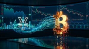 Symboles du Yen et du Bitcoin reliés par des flux numériques devant des écrans de trading boursier.