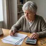 Une femme âgée s'inquiète en examinant ses documents de retraite avec une calculatrice et un calendrier de septembre.