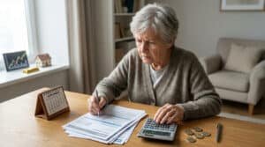 Une femme âgée s'inquiète en examinant ses documents de retraite avec une calculatrice et un calendrier de septembre.