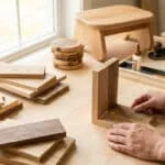 Mains d'un artisan travaillant sur un établi en bois entouré de chutes de bois et d'outils de menuiserie.