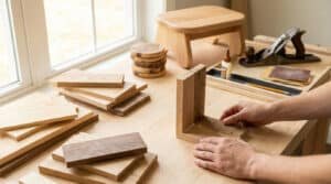 Mains d'un artisan travaillant sur un établi en bois entouré de chutes de bois et d'outils de menuiserie.