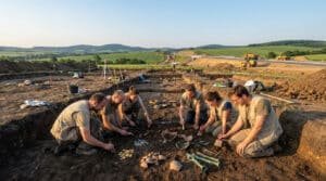 Équipe d'archéologues travaillant sur un site de fouilles en République tchèque avec des objets anciens au premier plan.