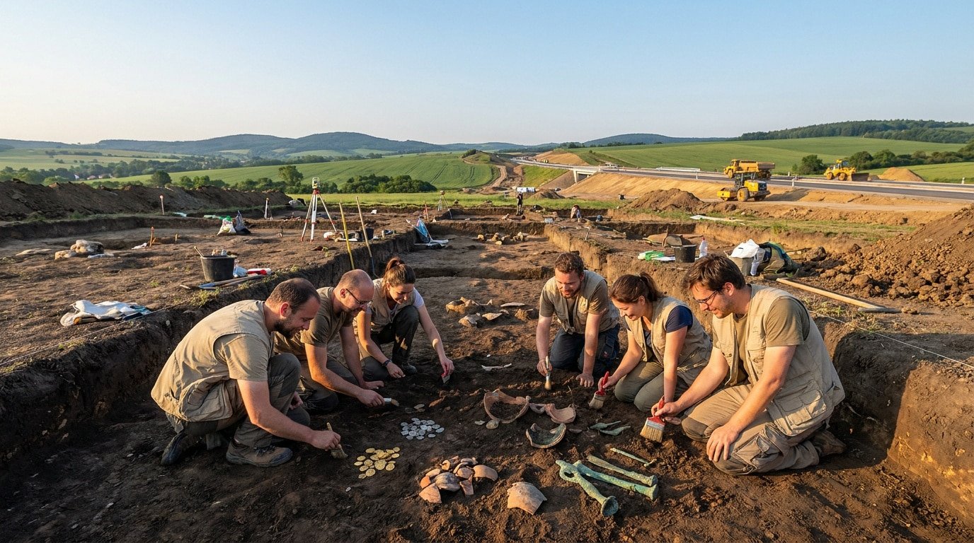 Équipe d'archéologues travaillant sur un site de fouilles en République tchèque avec des objets anciens au premier plan.